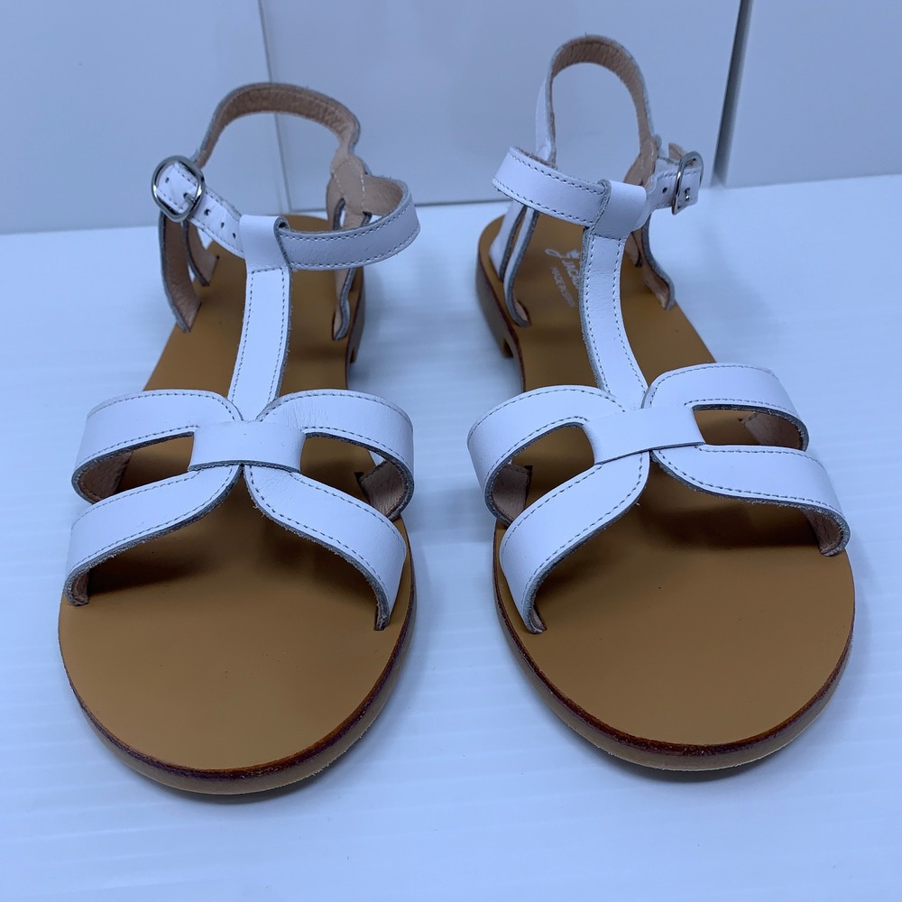 Jacadi Girls 35 (US Size 4) White Leather T-Strap Buckle Flat Sandals New